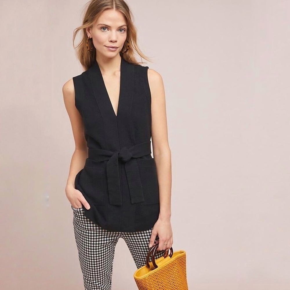 Anthropologie Black Belted Knit Vest Sweater Sleeveless Size XS